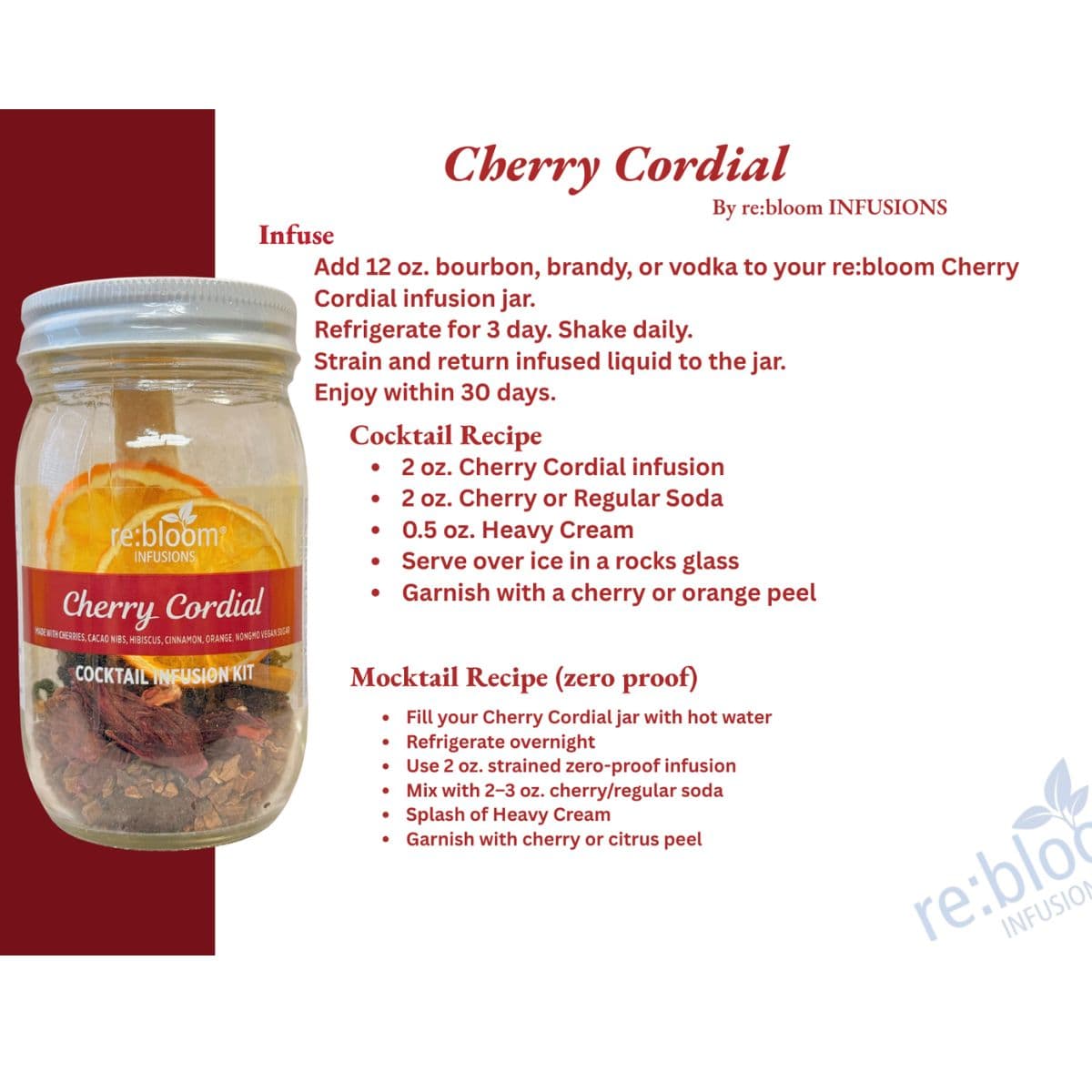 Cherry Cordial recipe card featuring cocktail and mocktail infusion instructions with bourbon, brandy, or vodka preparation details.