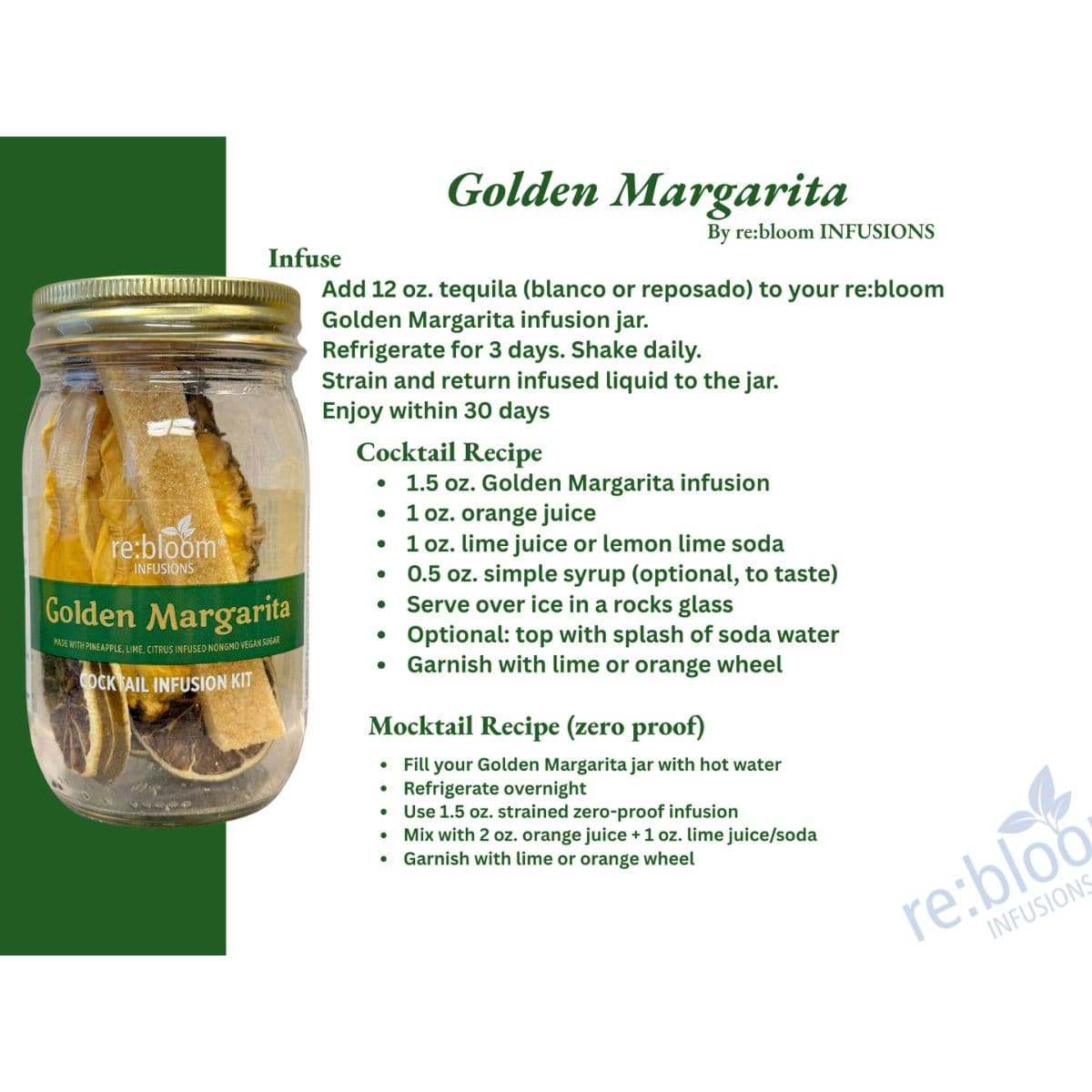 Golden Margarita cocktail infusion kit recipe card with tequila infusion instructions, cocktail recipe, and zero-proof mocktail recipe by re:bloom Infusions