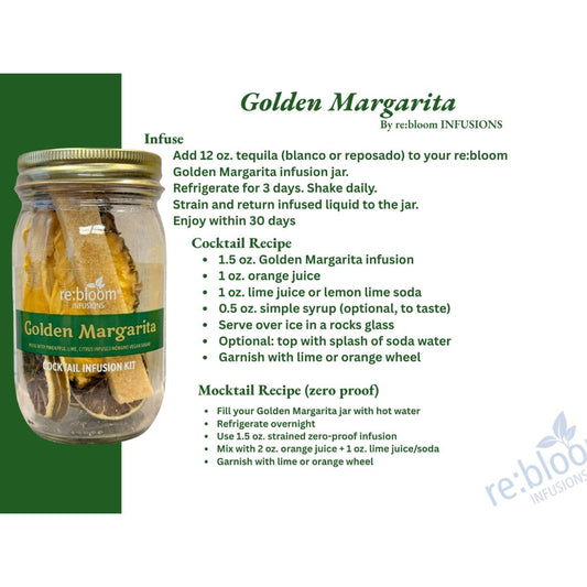 Golden Margarita cocktail infusion kit recipe card with tequila infusion instructions, cocktail recipe, and zero-proof mocktail recipe by re:bloom Infusions
