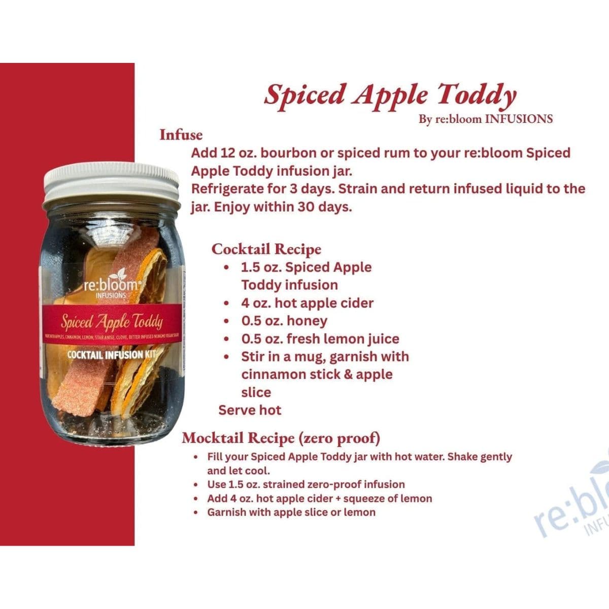 Spiced Apple Toddy recipe card featuring infusion instructions, cocktail recipe, and zero-proof mocktail recipe.