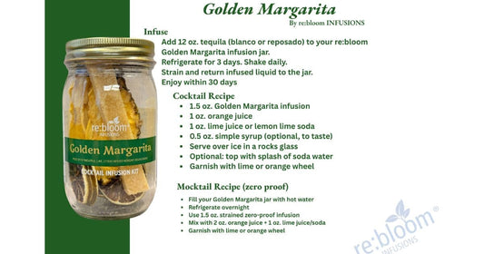 Golden Margarita cocktail infusion kit recipe card with tequila, citrus, and mocktail instructions