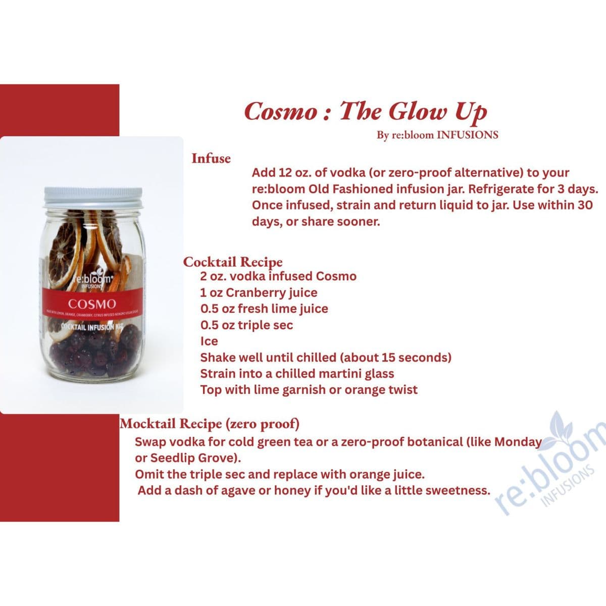Cosmo cocktail infusion kit recipe card with cranberry, citrus, and mocktail instructions