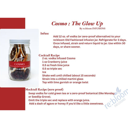 Cosmo cocktail infusion kit recipe card with cranberry, citrus, and mocktail instructions
