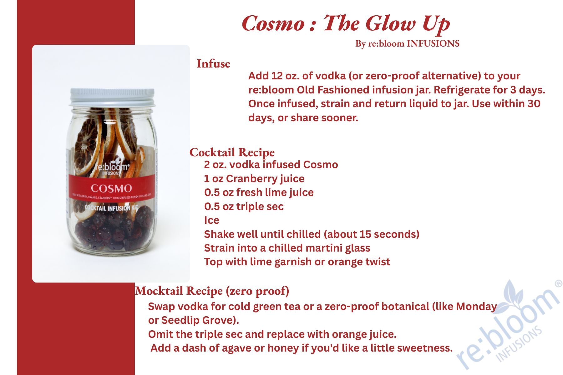 Recipe card with suggested recipes for a cosmopolitan cocktail