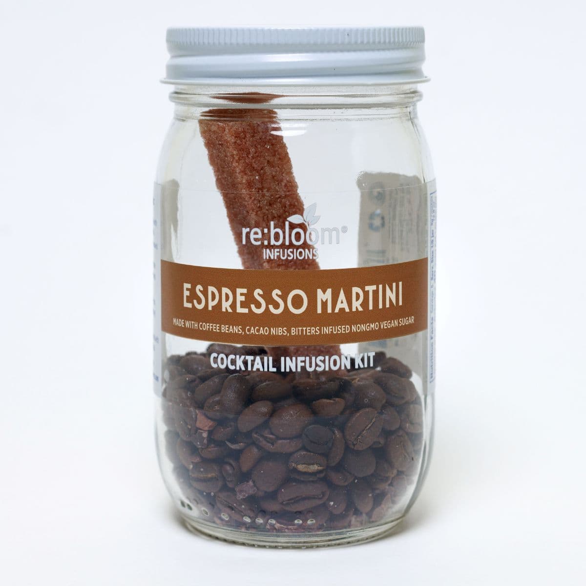 Espresso martini cocktail infusion kit jar with coffee beans and cacao nibs 