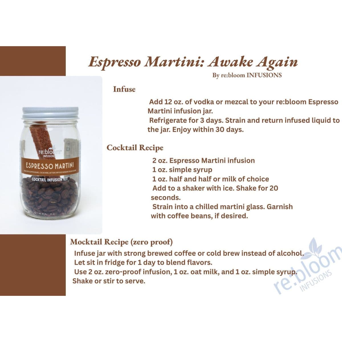 Espresso martini recipe card with infusion kit jar for cocktail or mocktail 