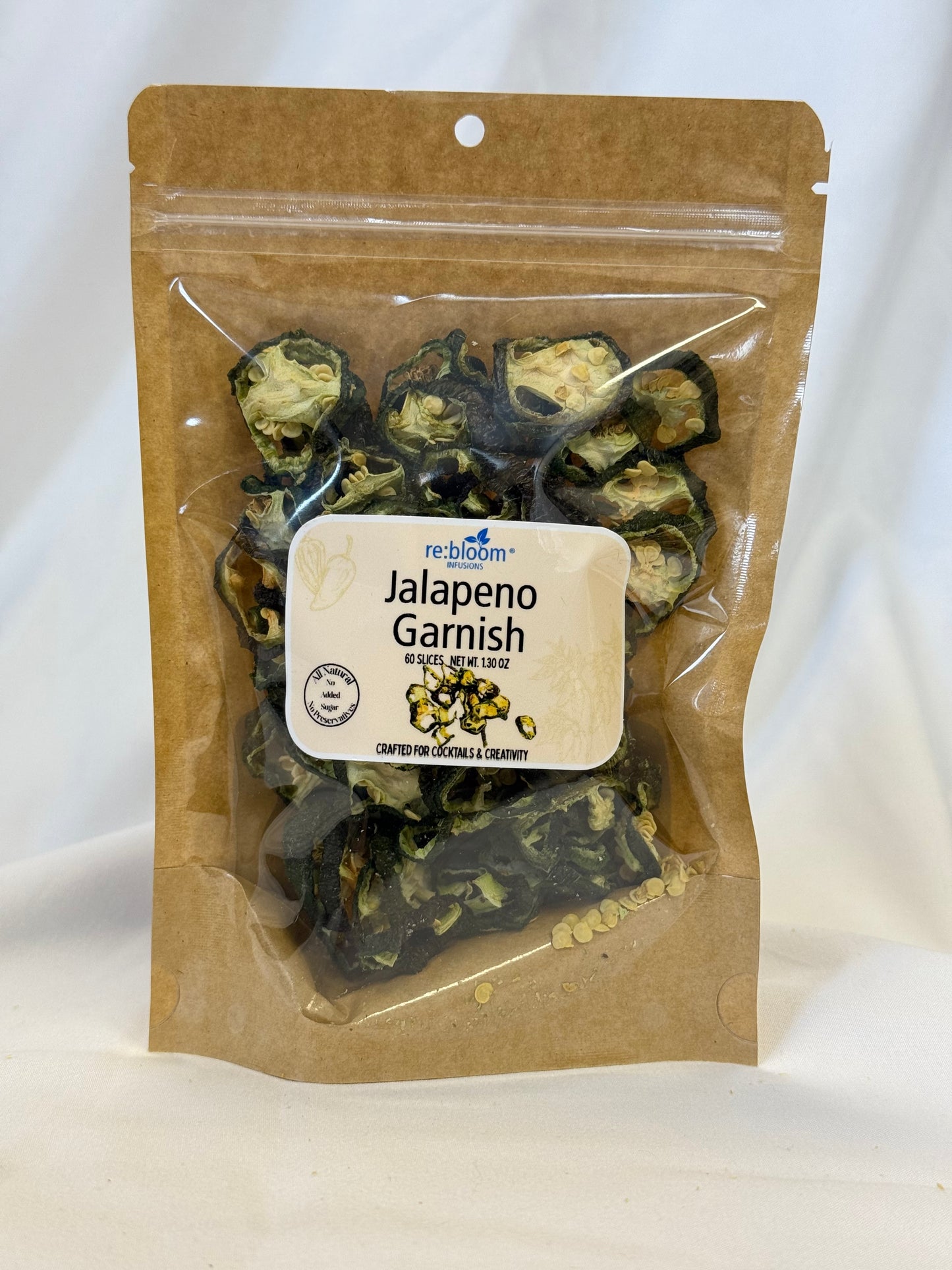 Packaged jalapeno garnish with a label on a white background
