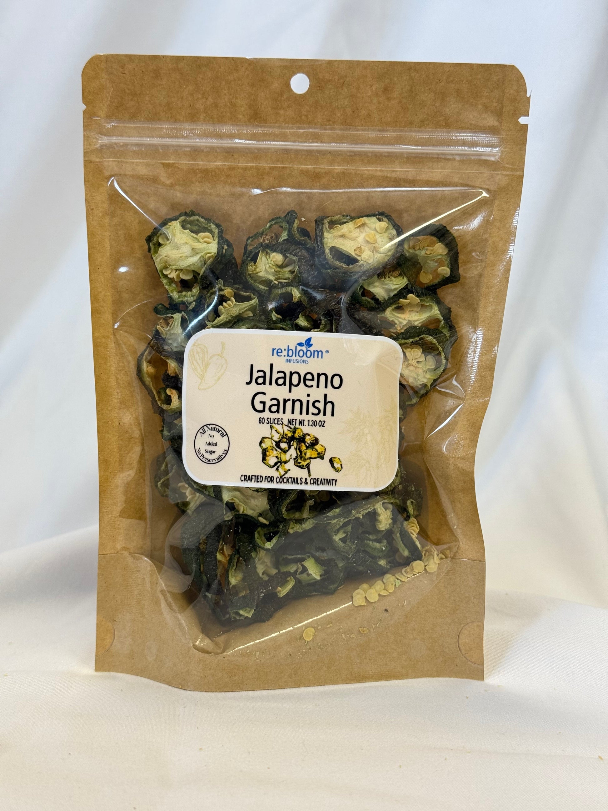 Packaged jalapeno garnish with a label on a white background