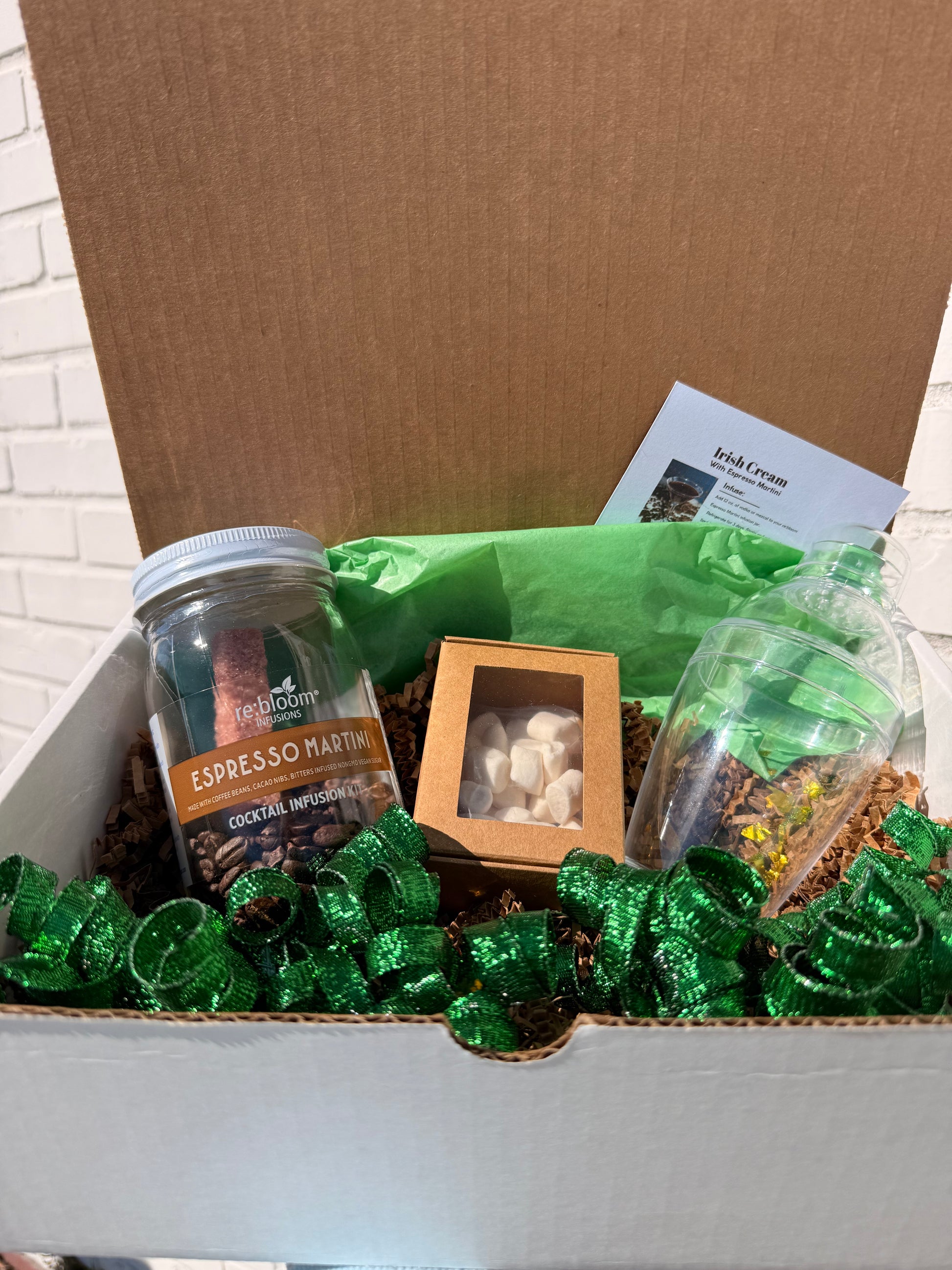 rebloom infusions espresso martini cocktail kit with a shaker and box of marshmallows inside a cardboard box.