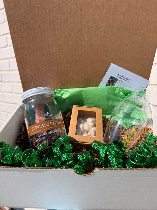 rebloom infusions espresso martini cocktail kit with a shaker and box of marshmallows inside a cardboard box.