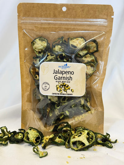 Packaged jalapeno garnish with a label on a white background