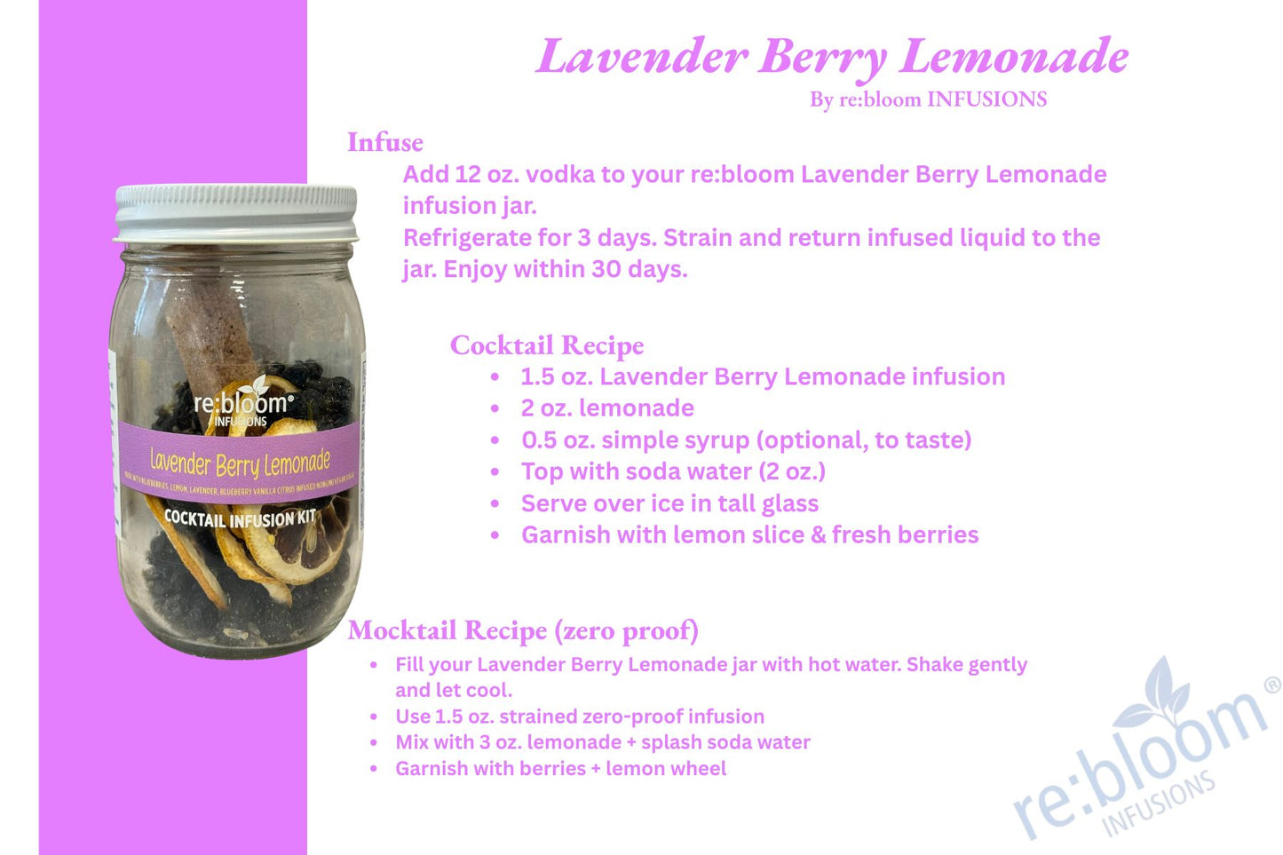 Recipe card for lavender berry lemonade for cocktail and mocktail