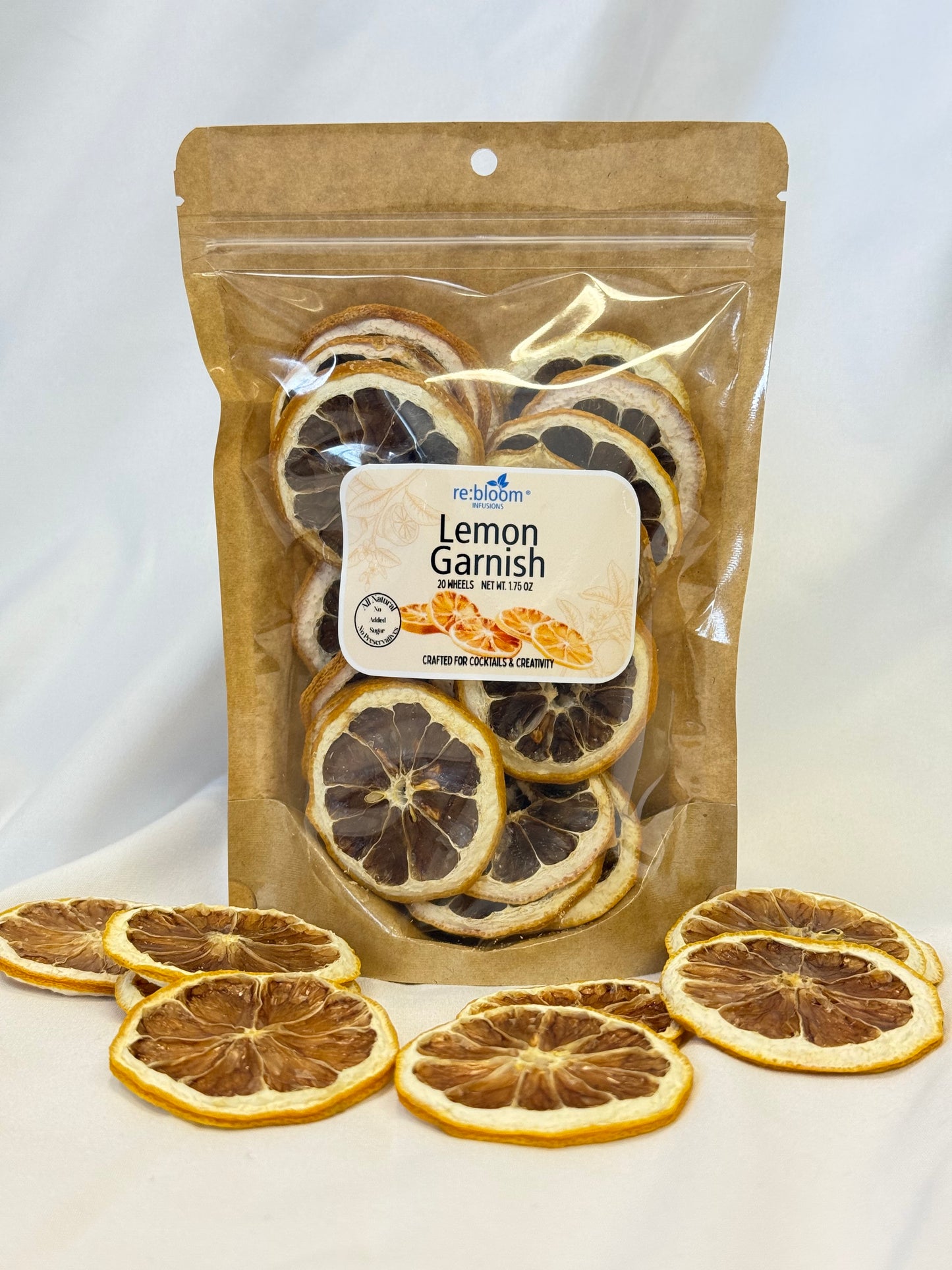 Packaged dried lemon garnish slices with a visible brand label on a white background