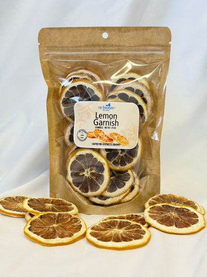 Packaged dried lemon garnish slices with a visible brand label on a white background