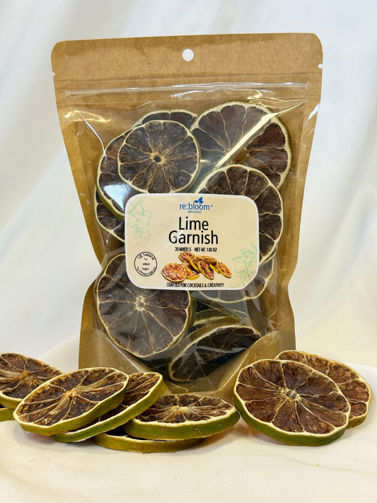 Packaged dried lime slices with a visible brand label on a white background