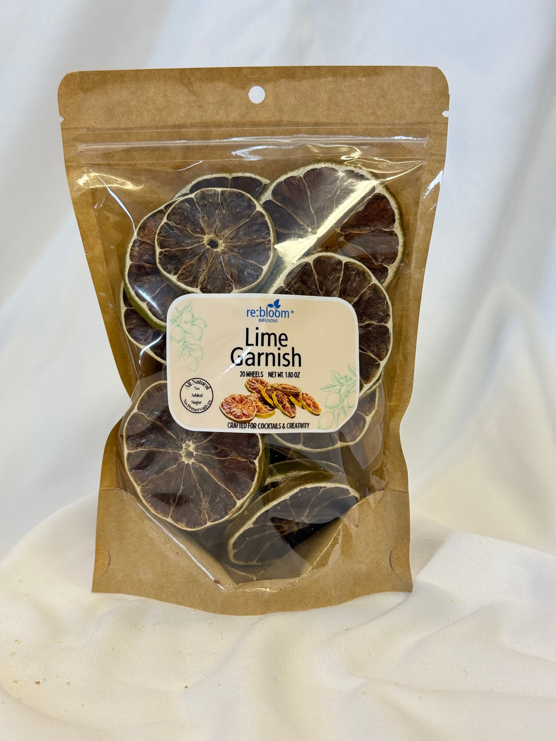 Packaged dried lime slices with a visible brand label on a white background