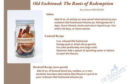 re:bloom Old Fashioned infusion jar with cocktail mocktail recipe details on a white background