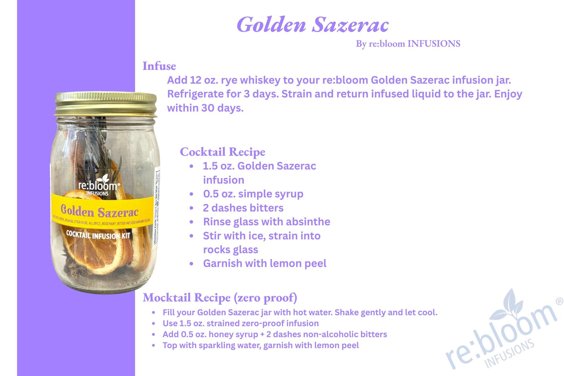 Sazerac recipe card including dehydrated Fruits and spices. 