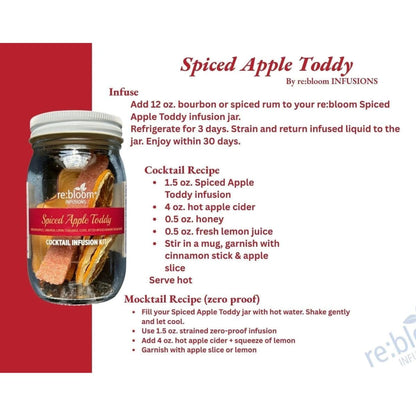 Spiced Apple Toddy recipe card featuring infusion instructions, cocktail recipe, and zero-proof mocktail recipe.