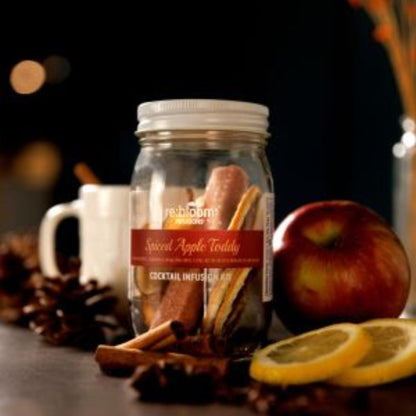 Cocktail infusion kit with cinnamon, apples, and lemons on a dark background