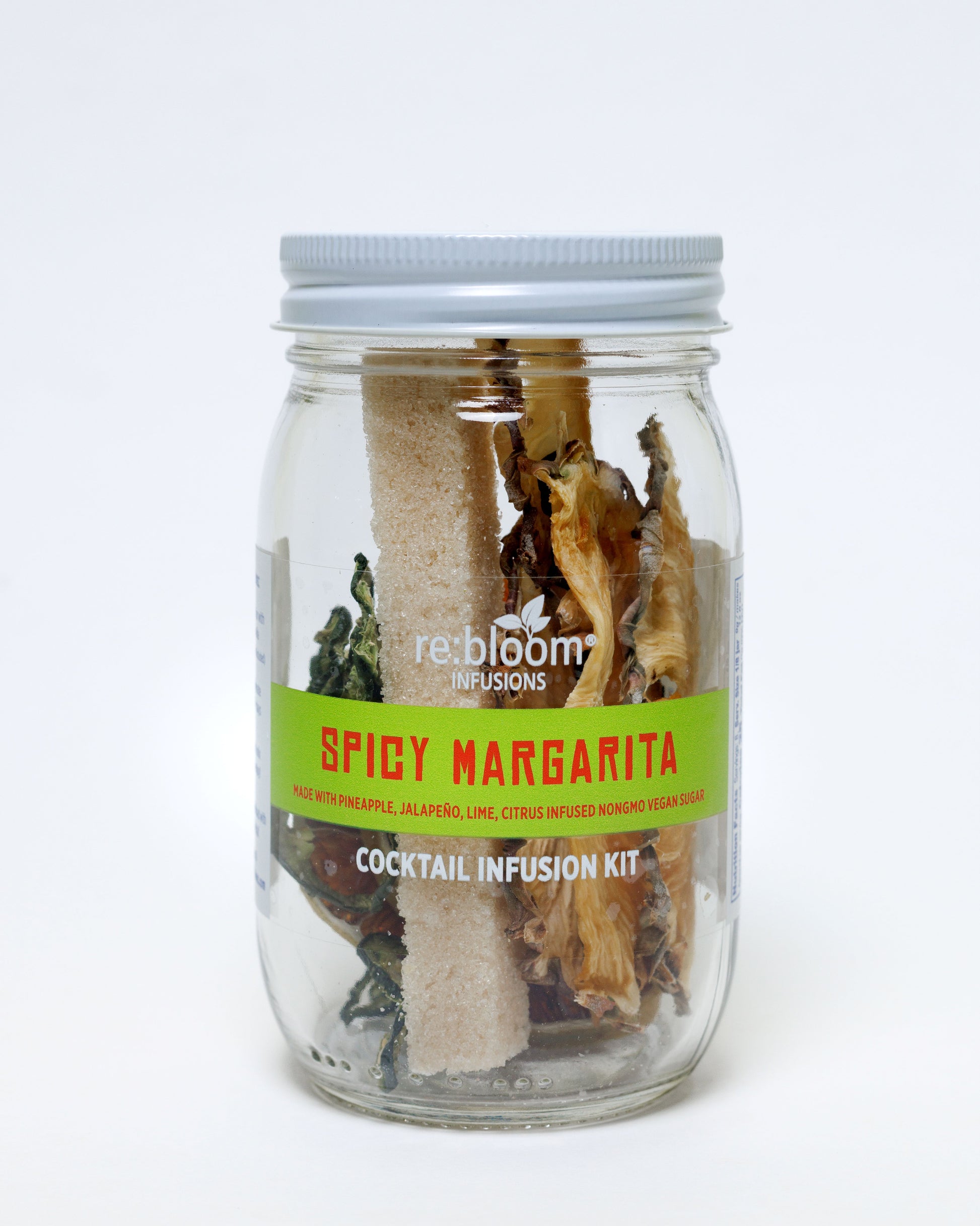 Spicy Margarita cocktail infusion kit in a glass jar with a white lid on a white background