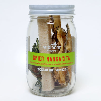 Spicy Margarita cocktail infusion kit in a glass jar with visible ingredients on a white background