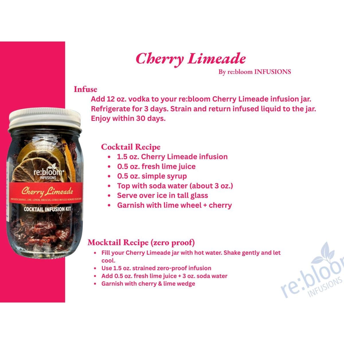 Cherry limeade infusion kit recipe instructions for cocktail and mocktail by Rebloom Infusions