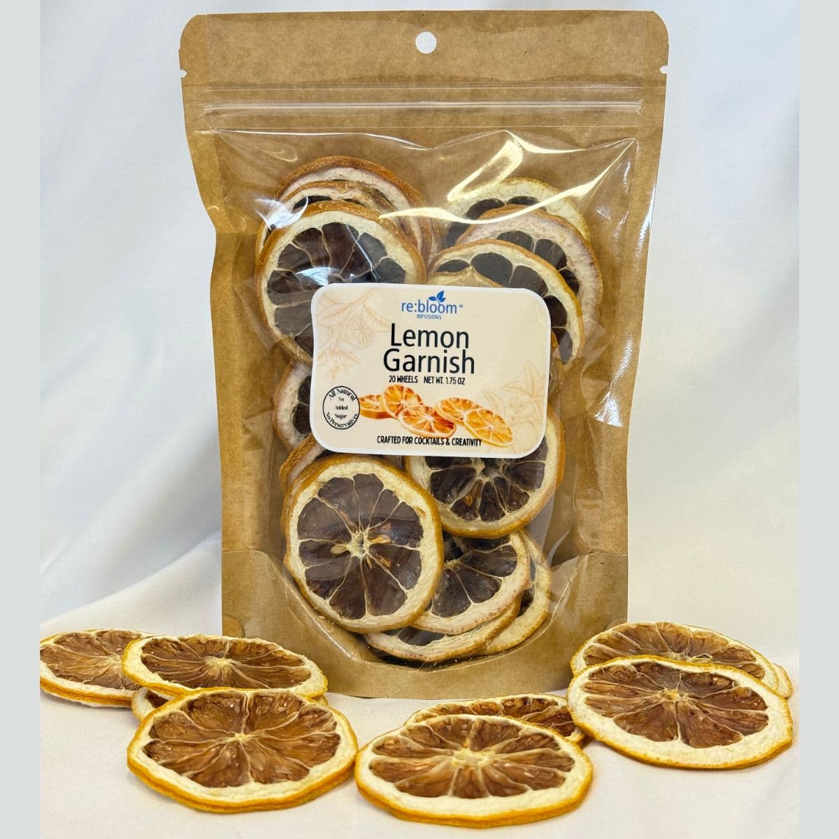 Dried lemon garnish slices packaged for cocktails, mocktails, and drink garnishing on a white background