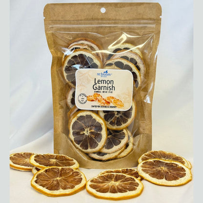 Dried lemon garnish slices packaged for cocktails, mocktails, and drink garnishing on a white background