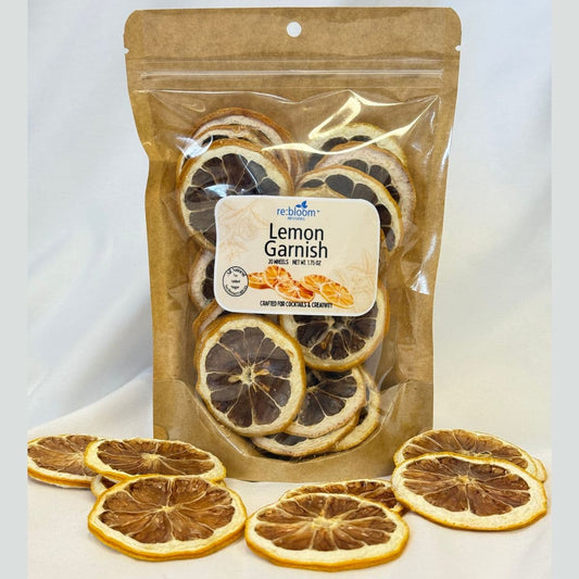 Dried lemon garnish slices packaged for cocktails, mocktails, and drink garnishing on a white background