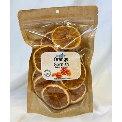 Dried orange garnish slices for cocktails in resealable pouch by Rebloom Infusions