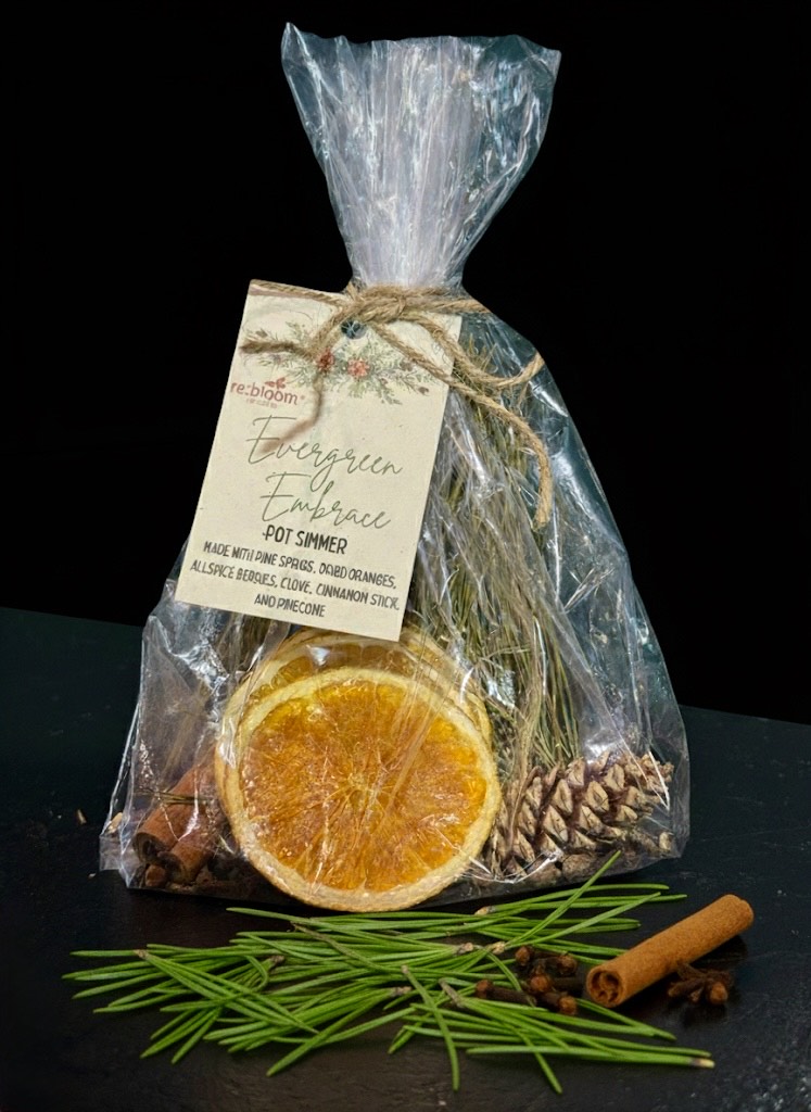Pouch of potpourri simmer pot kit with cinnamon sticks, pine cones, and orange slices on a dark surface.