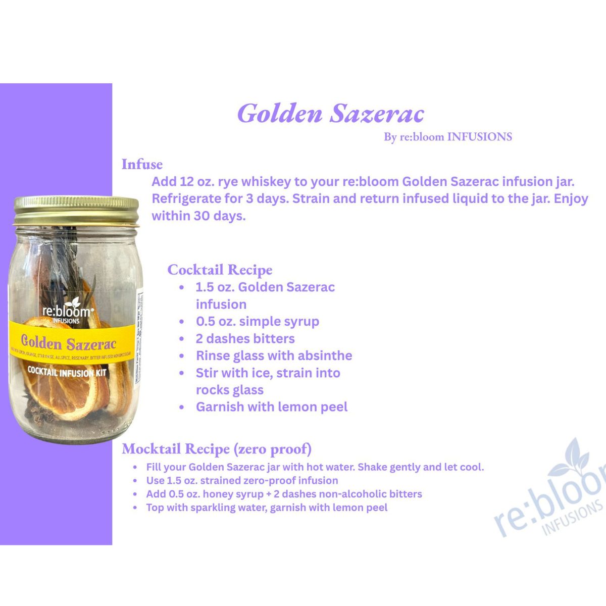Golden Sazerac infusion kit recipe instructions for cocktail and mocktail by Rebloom Infusions