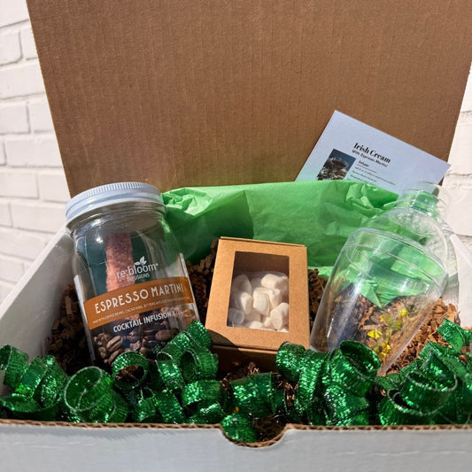Irish cream espresso martini cocktail kit gift box with shaker, marshmallows, and infusion jar by Rebloom Infusions.